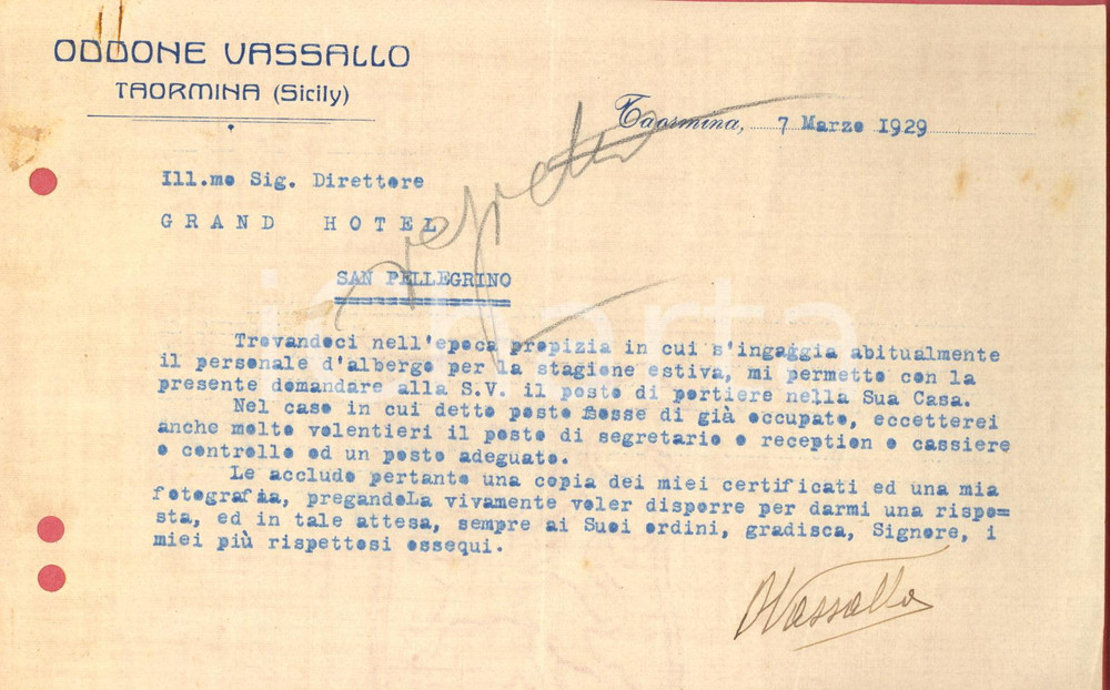 Manoscritto, lettera originale 1929 TAORMINA Lettera Oddone VASSALLO per lavoro come portiere d albergo 1