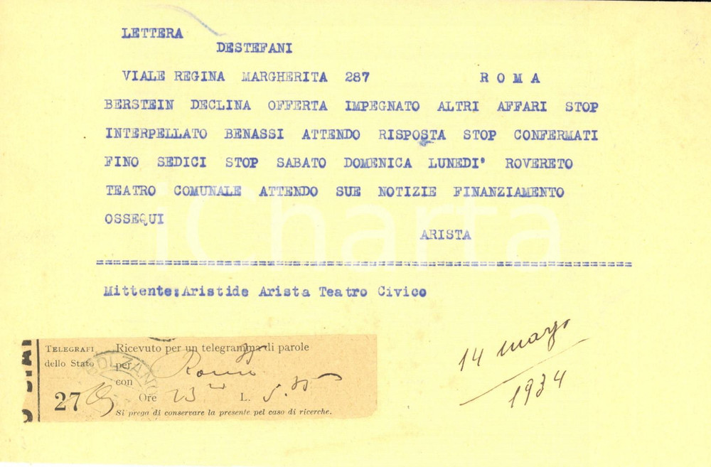 Documento originale, autentico 1934 BOLZANO Telegramma di Aristide ARISTA ad Alessandro DE STEFANI 1