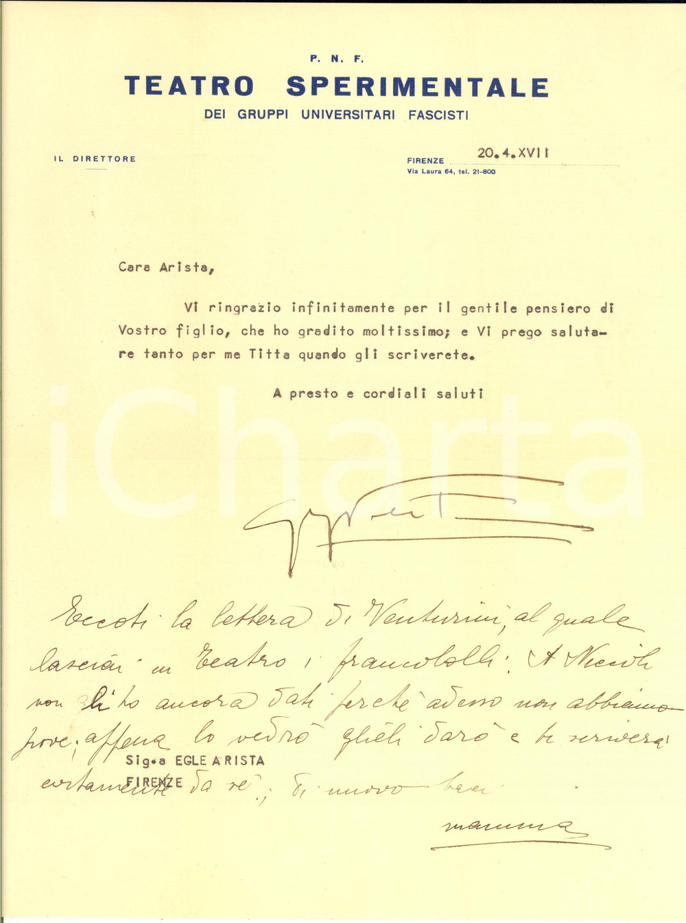 Autografo originale 1939 FIRENZE TEATRO Lettera Giorgio VENTURINI a Egle ARISTA  AUTOGRAFI 1