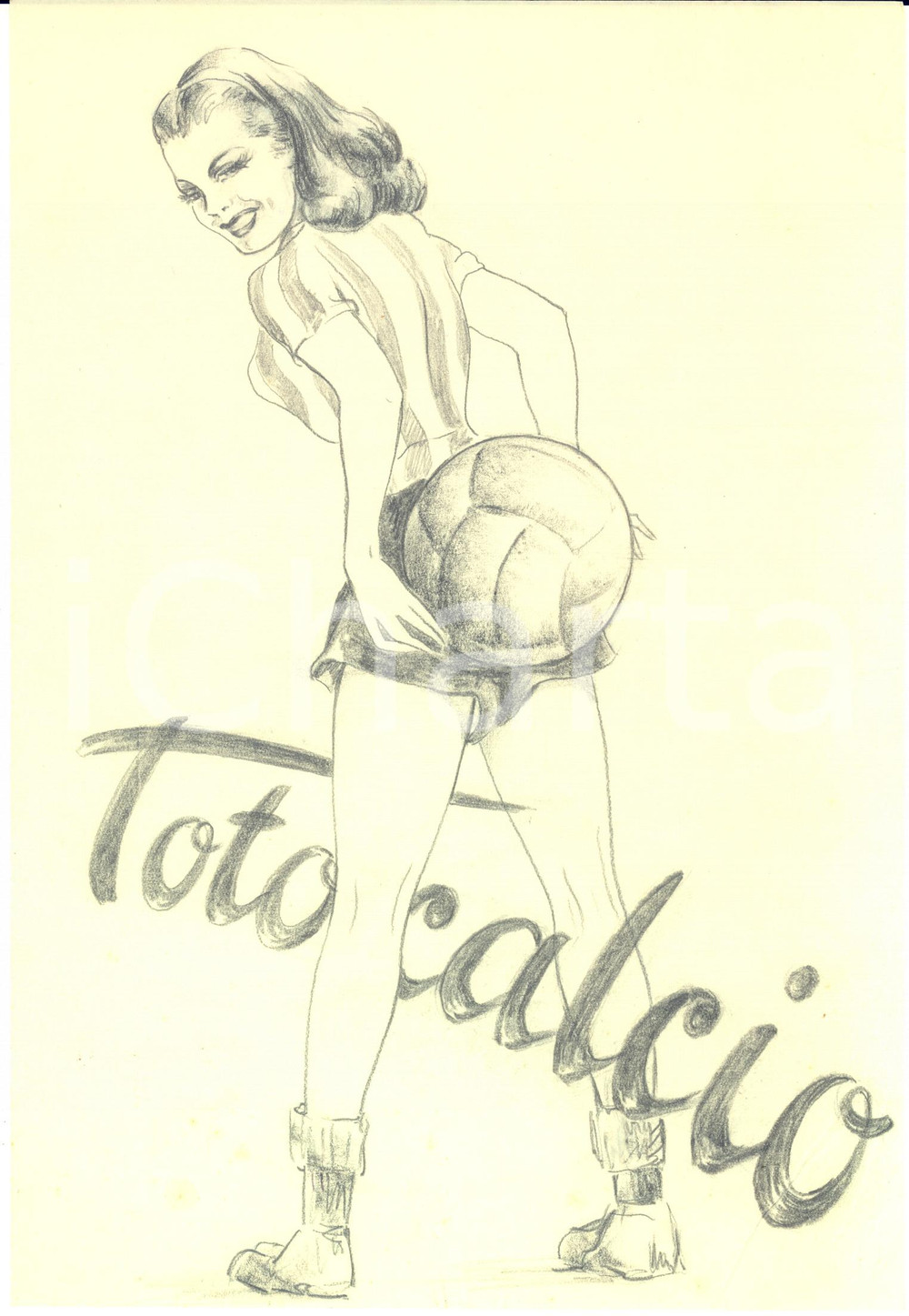 Stampa, bozzetto originale 1950 ca TOTOCALCIO Bozzetto a matita con pin up e pallone RARO 19x28 cm 1