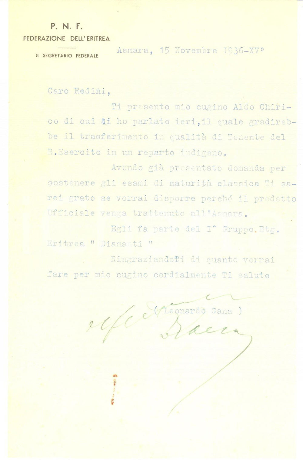 Autografo originale 1936 AOI ASMARA ERITREA Lettera Leonardo GANA segretario federale  AUTOGRAFO 1
