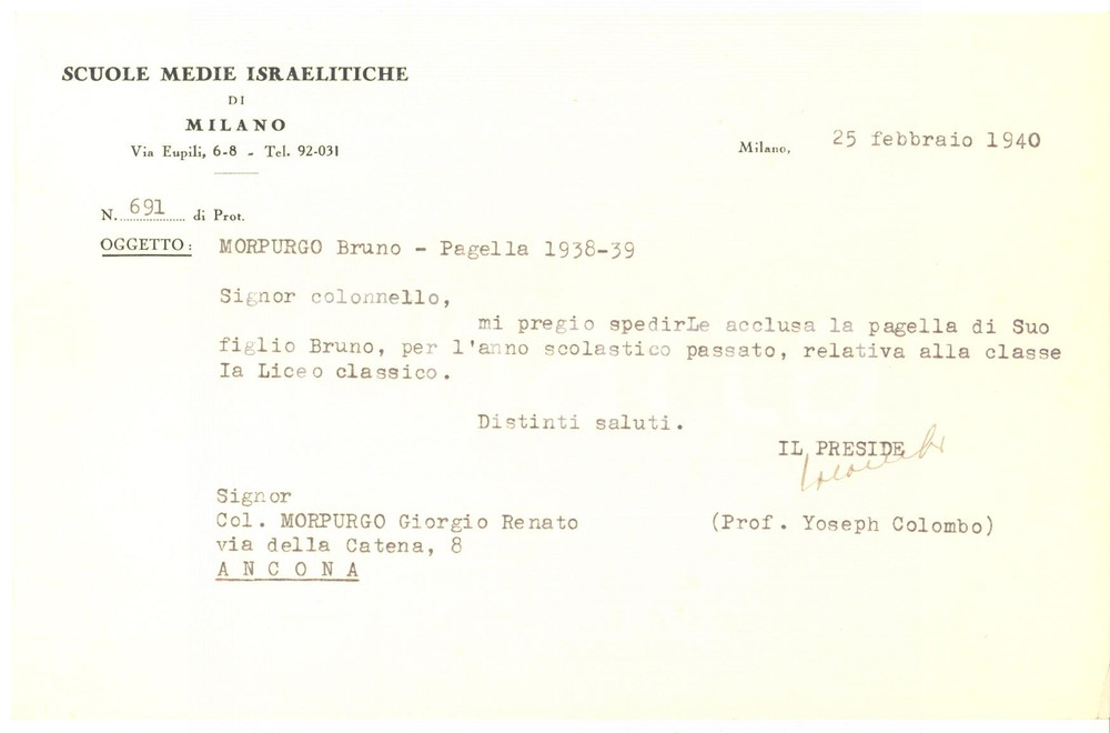 1940 MILANO Scuole Medie Israelitiche - Lettera preside Yoseph COLOMBO AUTOGRAFO