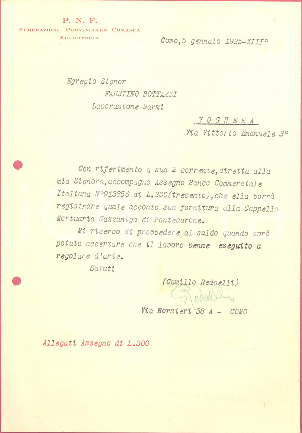Autografo originale 1935 PNF COMO Lettera segretario Camillo REDAELLI per ringraziamento  AUTOGRAFO 1