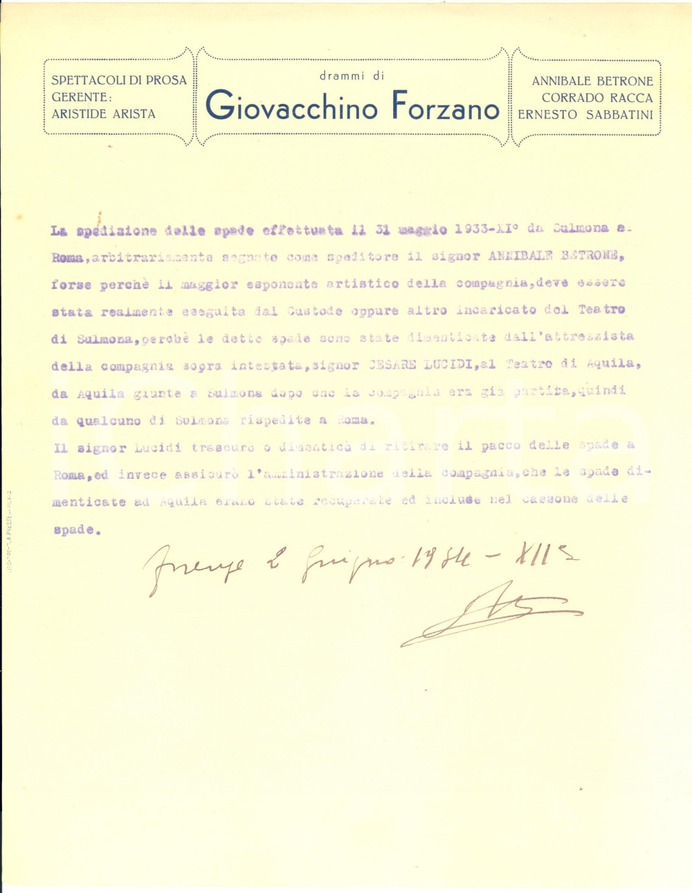 Manoscritto, lettera originale 1934 FIRENZE Compagnia BETRONE RACCA SABBATINI  Lettera per spade dimenticate 1