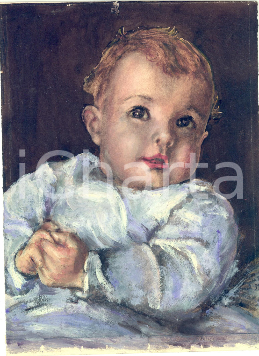 Opera d’arte autentica 1939 ARTE ANONIMO Ritratto di bambino  Bozzetto tempera 20x27 cm 1