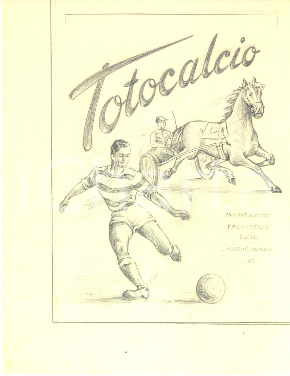 Stampa, bozzetto originale 1950 ca TOTOCALCIO Bozzetto a matita con calciatore e fantino RARO 21x28 cm 1