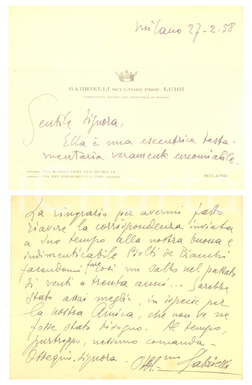 Autografo originale 1958 MILANO Scultore Luigi GABRIELLI  Biglietto ringraziamento AUTOGRAFO 1
