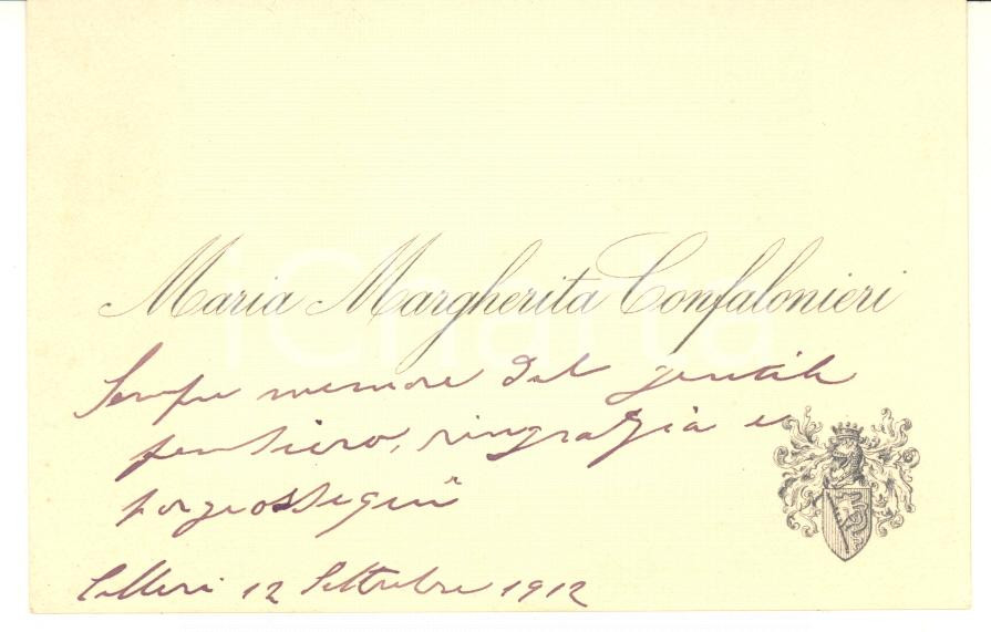 Autografo originale 1912 COLLERI Maria Margherita CONFALONIERI  Biglietto da visita AUTOGRAFO 1