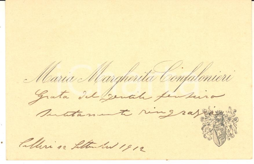Autografo originale 1912 COLLERI PV Maria Margherita CONFALONIERI  Biglietto da visita AUTOGRAFO 1
