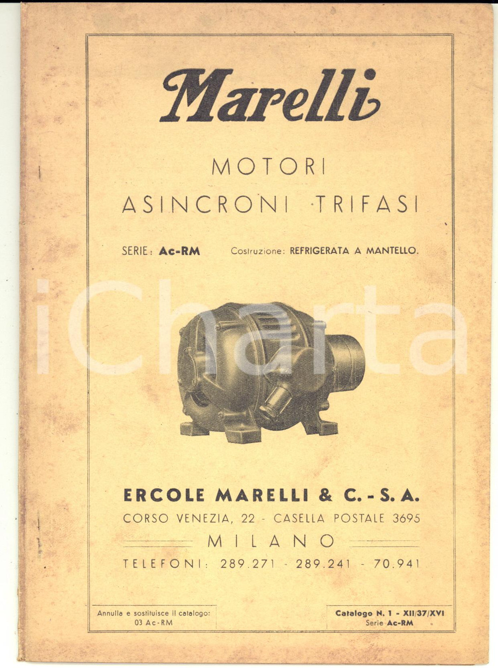 Materiale pubblicitario d’epoca 1937 MILANO Ditta Ercole MARELLI  Motori asincroni trifasi  Catalogo 1