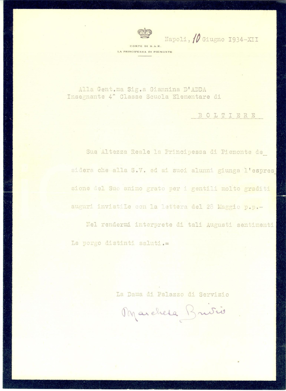 Autografo originale 1934 NAPOLI Lettera marchesa Marianna TRIVULZIO BRIVIO Dama di Palazzo AUTOGRAFO 1