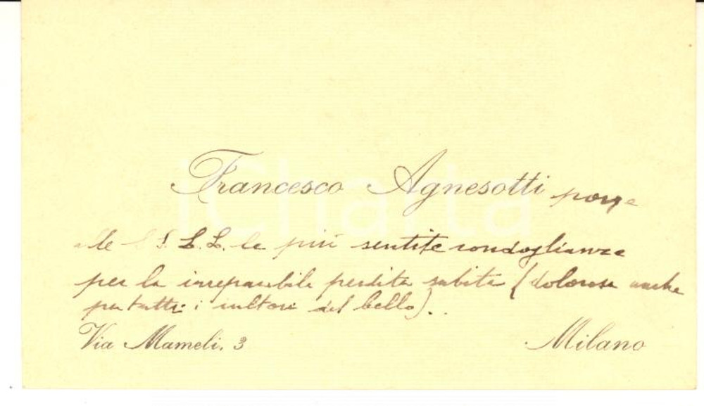 Autografo originale 1940 ca MILANO Pittore Francesco AGNESOTTI Biglietto da visita AUTOGRAFO 1