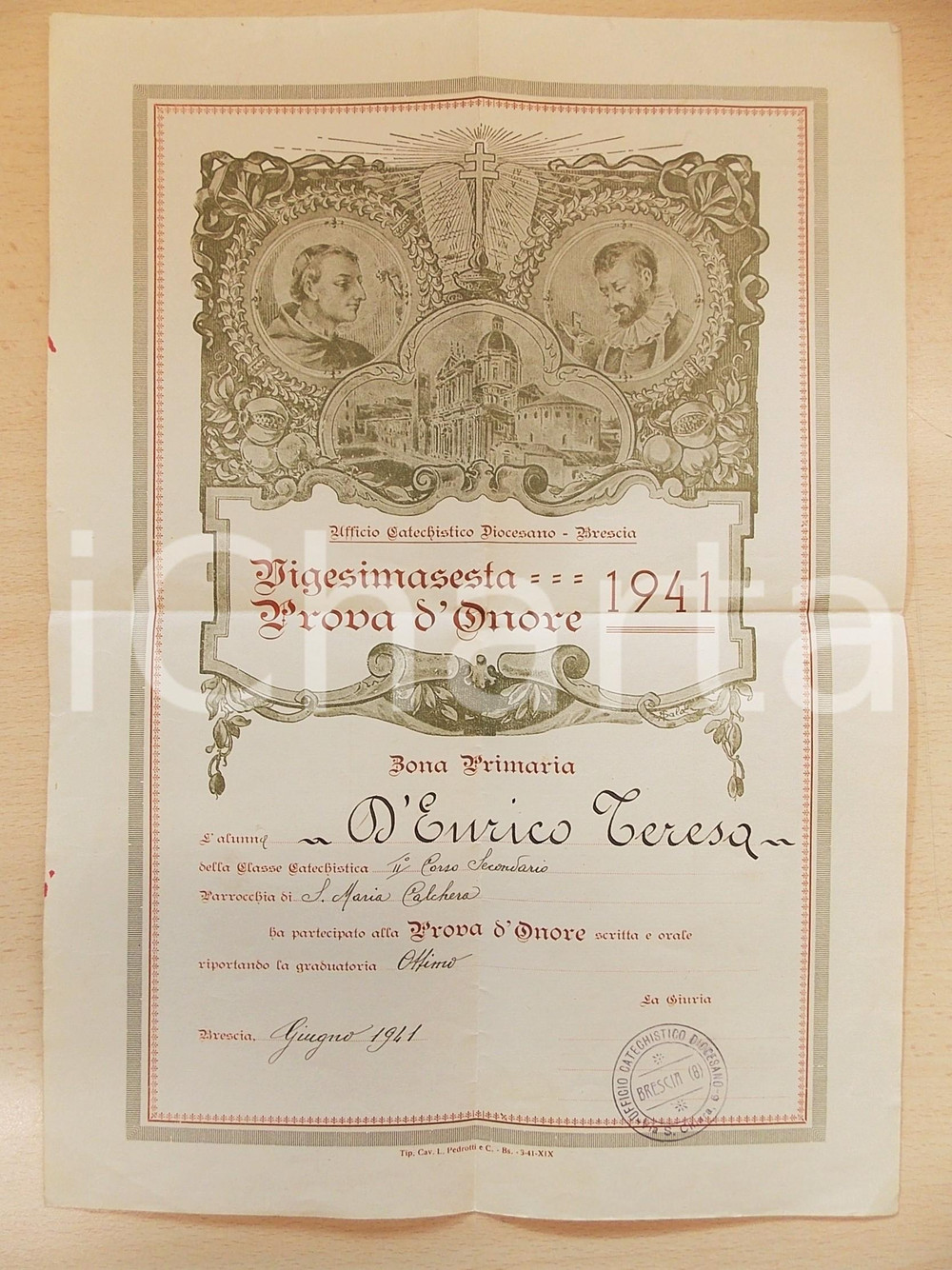 Documento originale, autentico 1941 BRESCIA Parrocchia S. Maria Calchera Diploma Teresa D ENRICO prova d onore 1