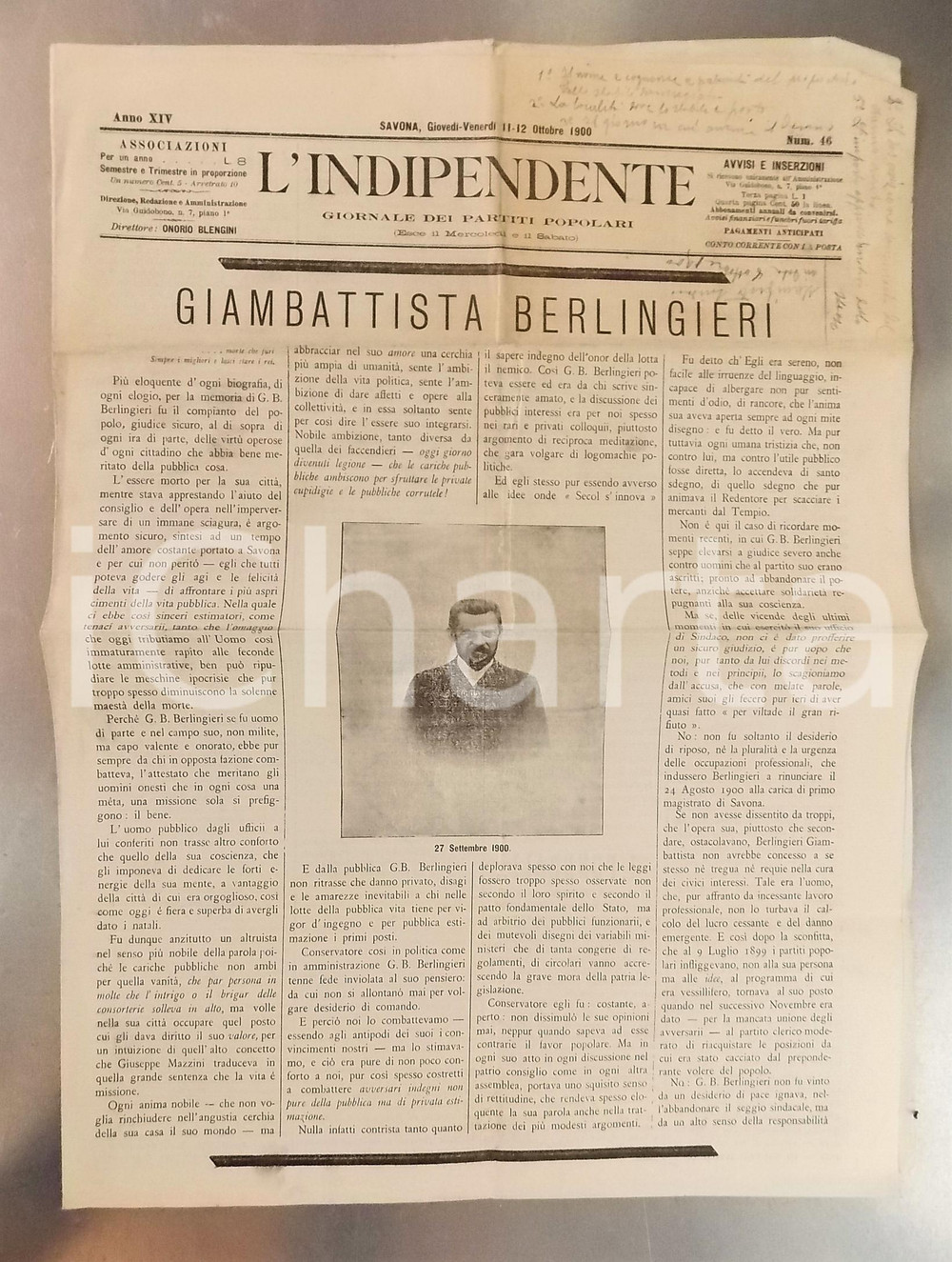 Giornale, rivista storica 1900 L INDIPENDENTE Giambattista BERLINGIERI  Giornale Partiti Popolari nÂ° 46 1