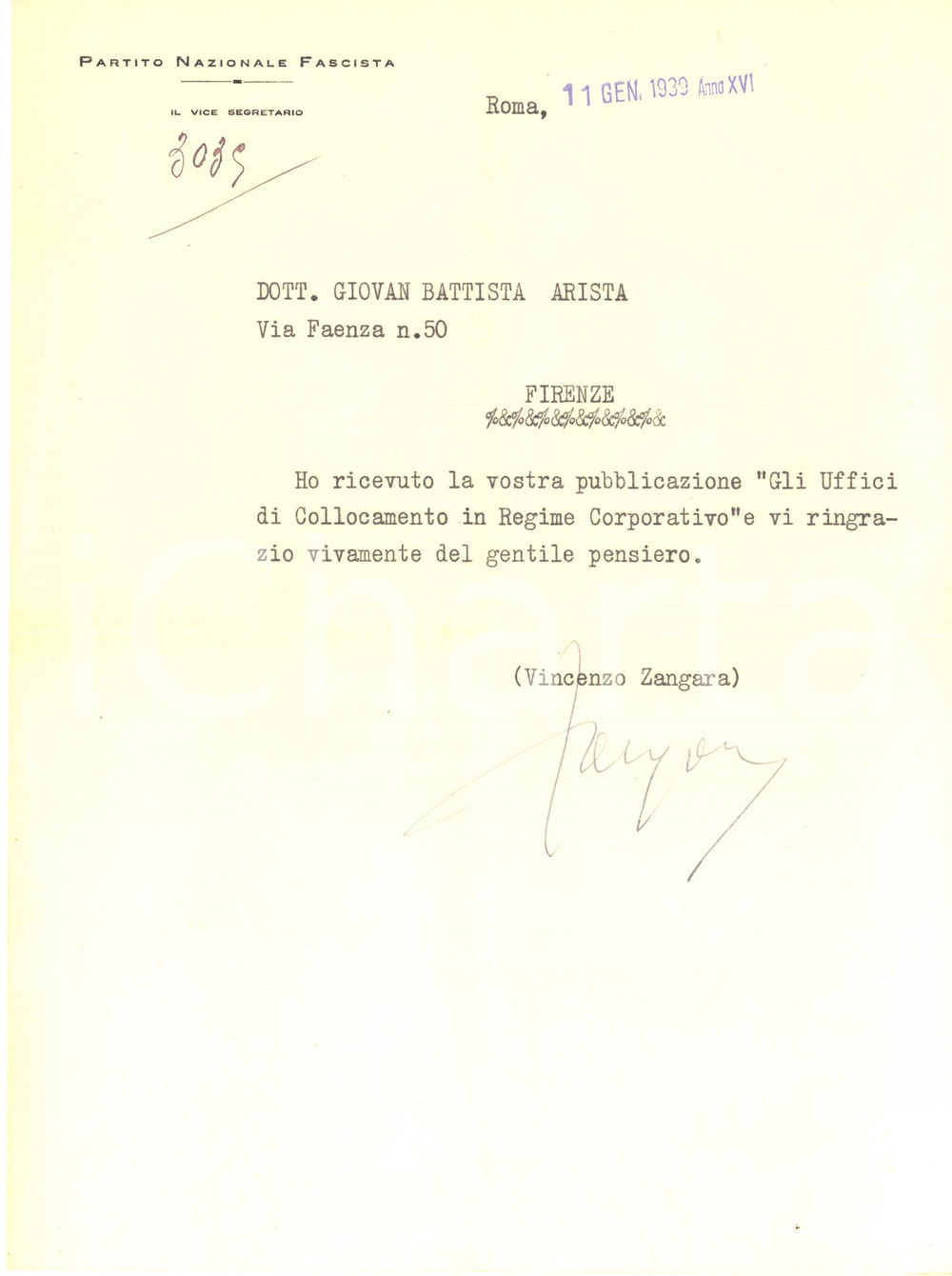 Autografo originale 1939 ROMA PNF Lettera Vincenzo ZANGARA per pubblicazione ricevuta  Autografo 1