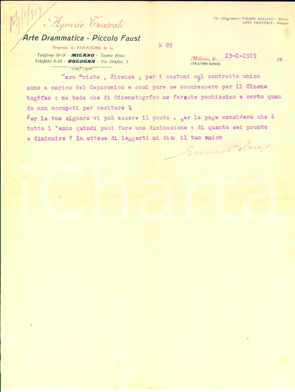 Autografo originale 1919 MILANO Lettera Enrico POLESE per contratto a nuova compagnia Autografo 1