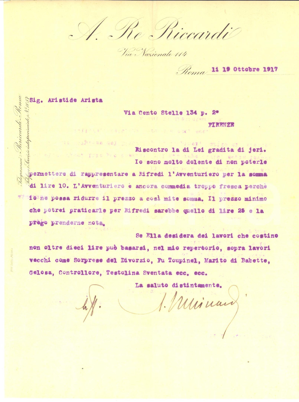 Autografo originale 1917 ROMA Lettera Adolfo RE RICCARDI sui costi de L Avventuriero  Autografo 1