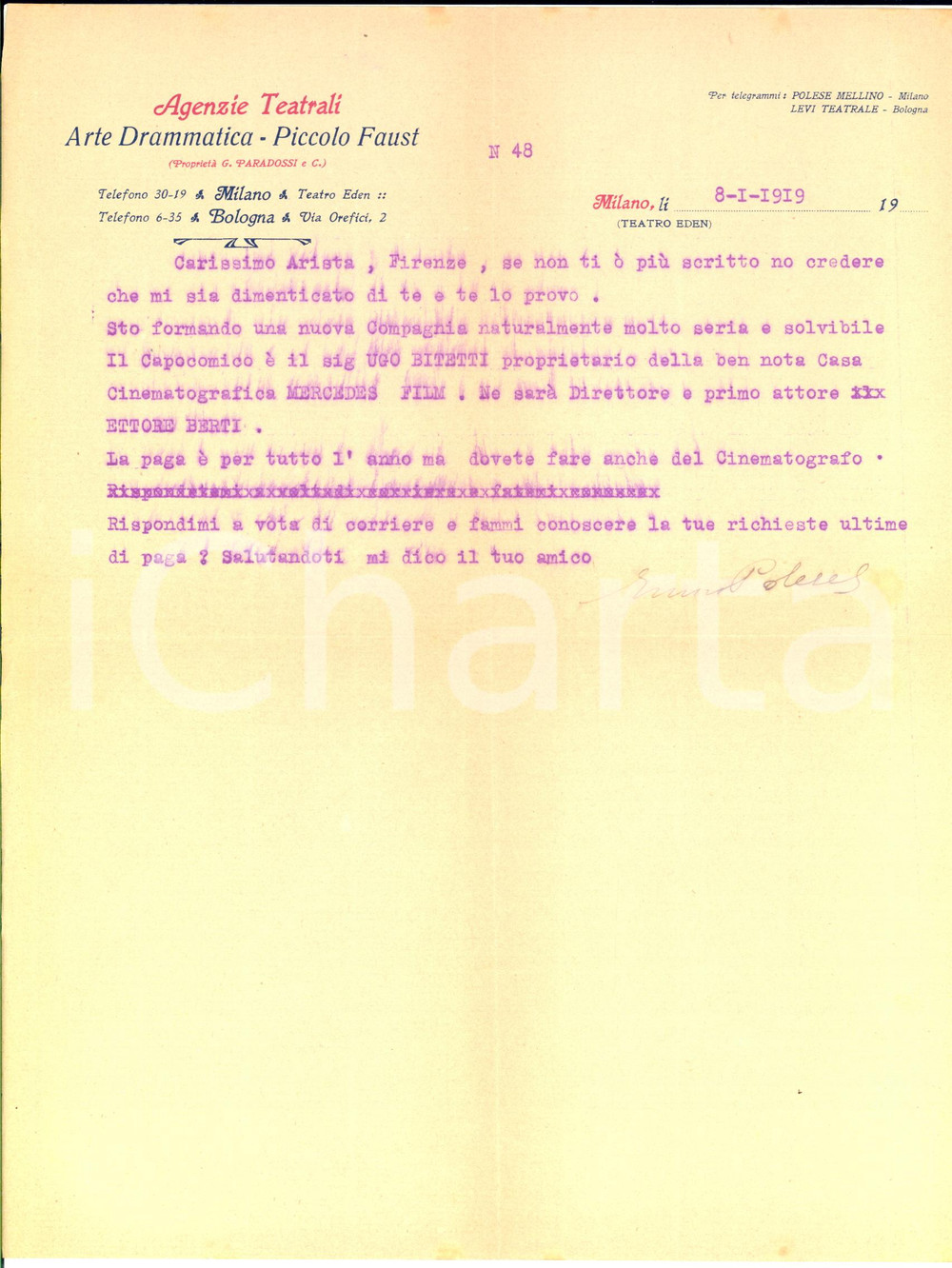 Autografo originale 1919 MILANO Lettera Enrico POLESE su nascita nuova compagnia Autografo 1