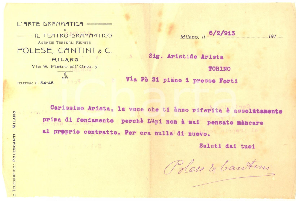 Manoscritto, lettera originale 1913 MILANO Lettera Agenzie Teatrali Riunite POLESE, CANTINI & C. per contratto 1