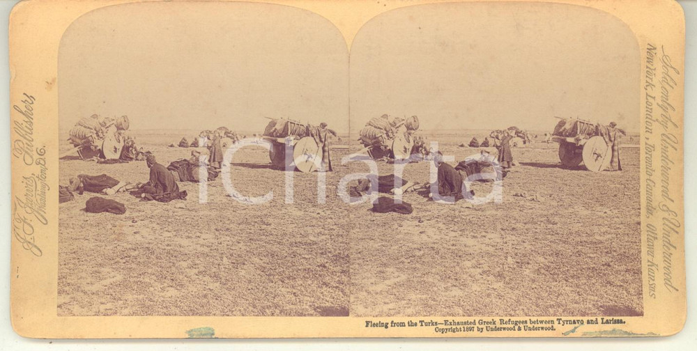 Fotografia d epoca originale 1900 ca GREECE Fleeing from the Turks  Exhausted Greek refugees  Stereoview 1