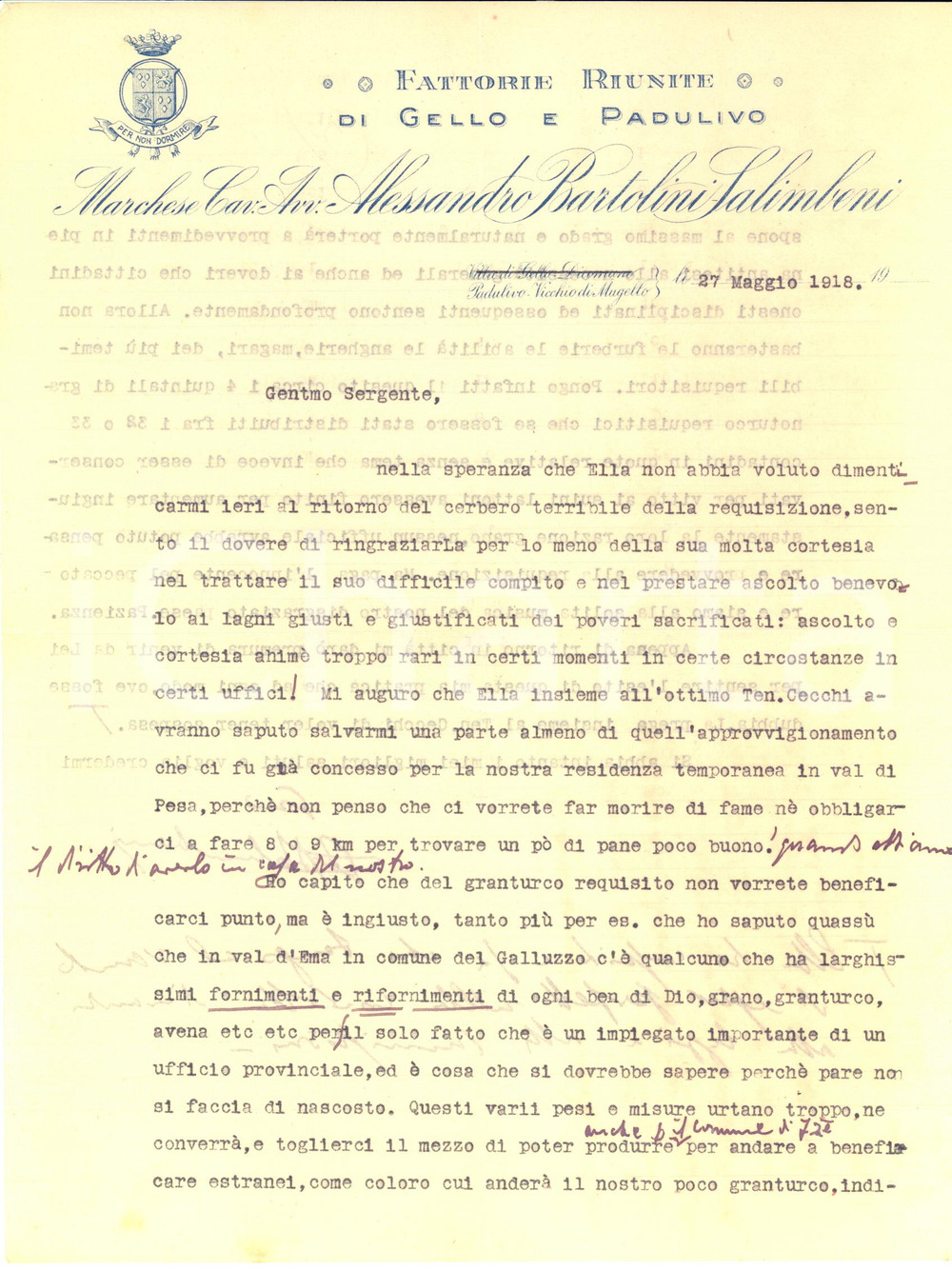 Autografo originale 1918 WW1 PADULIVO Marchese Alessandro SALIMBENI su requisizioni  Autografo 1