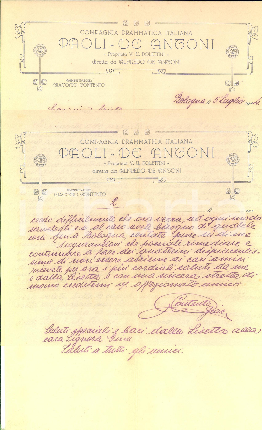 Autografo originale 1914 BOLOGNA Lettera Giacomo CONTENTO su scioglimento compagnia  Autografo 1