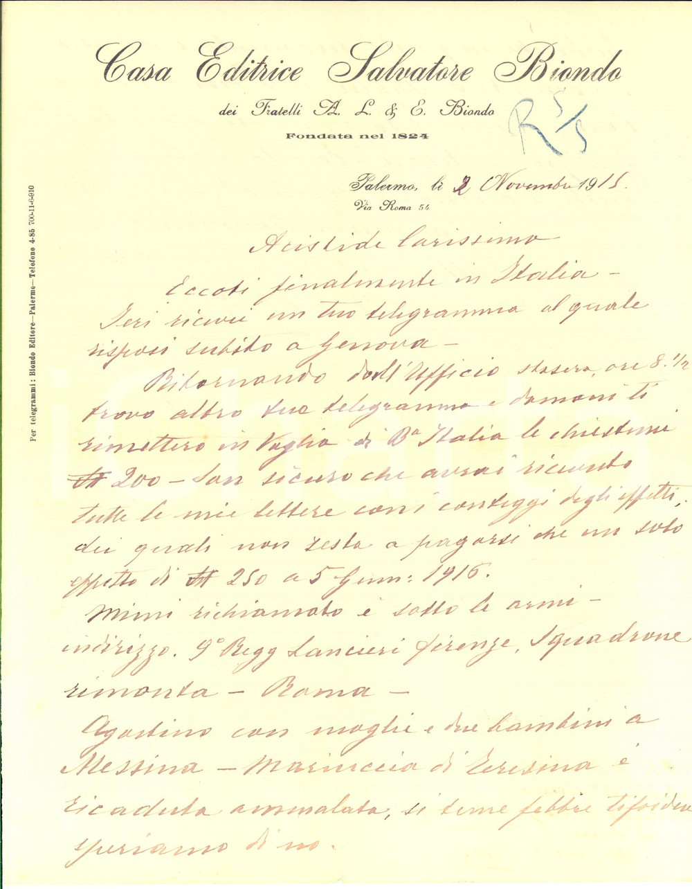 Autografo originale 1915 PALERMO Editrice Salvatore BIONDO  Lettera Titta ARISTA al figlio Aristide 1
