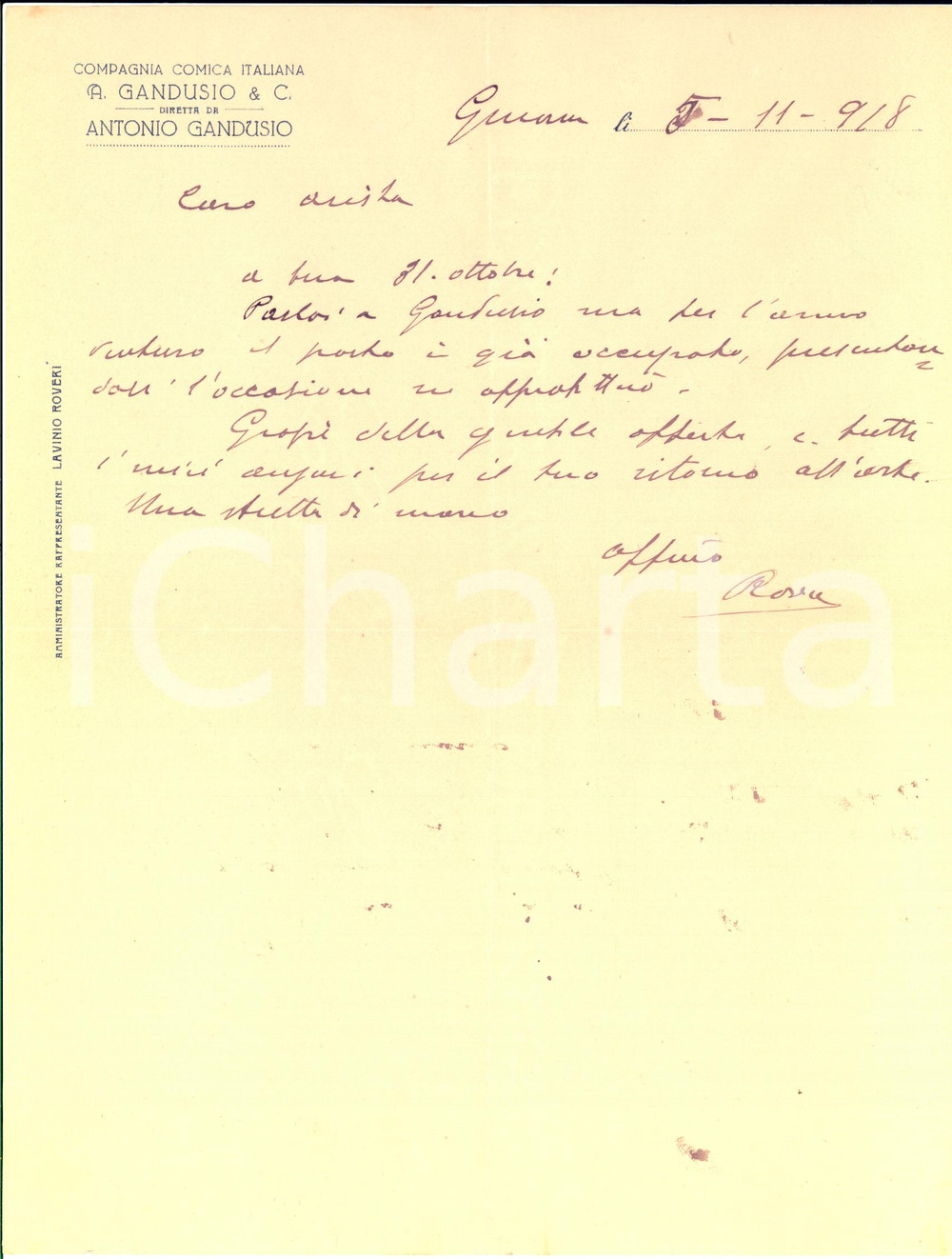 Autografo originale 1928 GENOVA Compagnia Comica Antonio Gandusio  Lettera Lavinio ROVERI 1