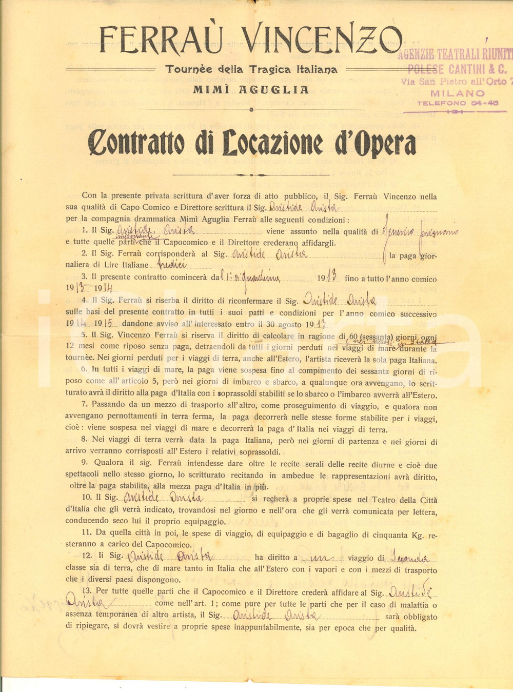 Autografo originale 1913 MILANO Contratto attore Aristide ARISTA  Compagnia AGUGLIAFERRAU 1