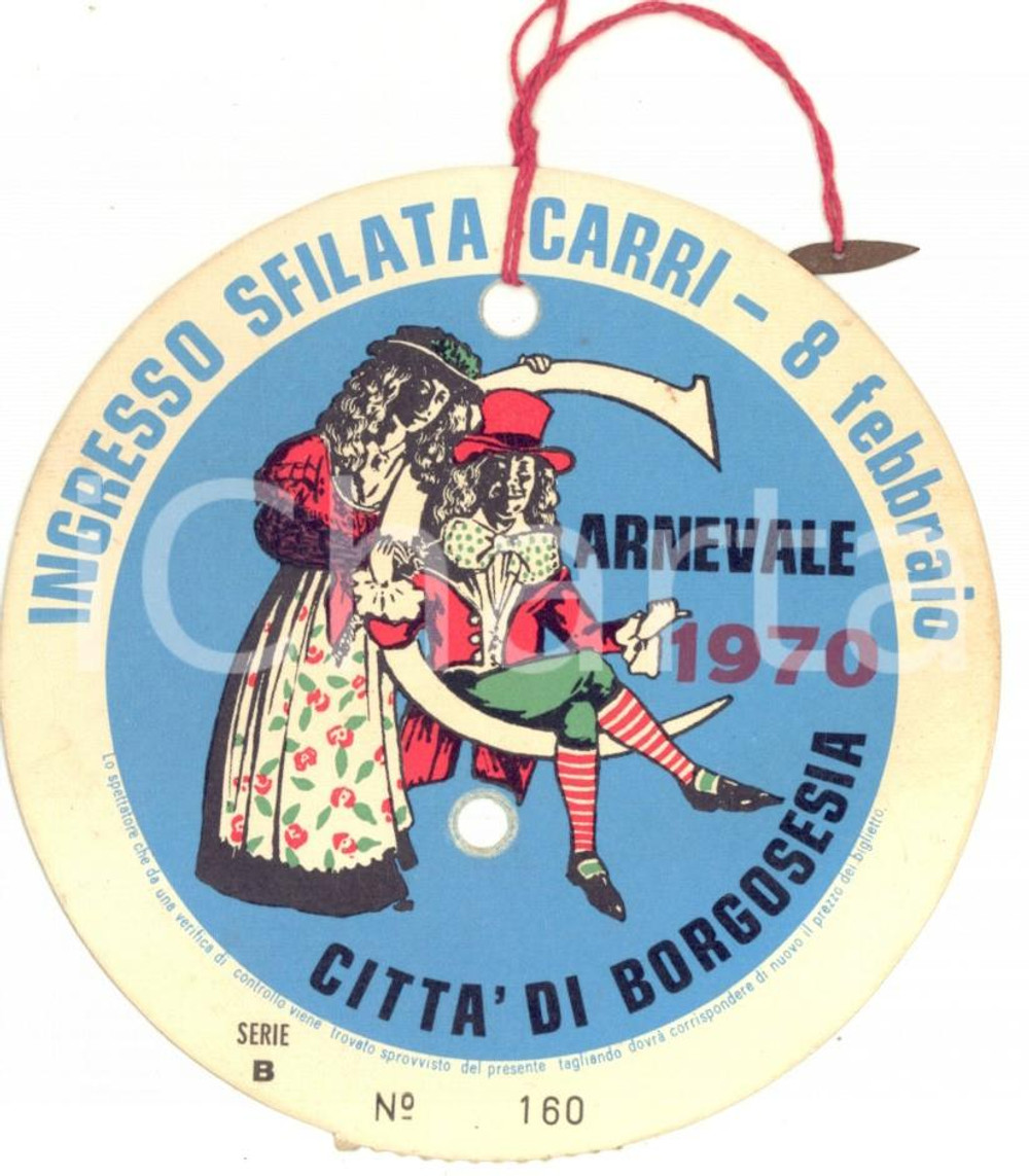 Materiale pubblicitario d’epoca 1970 CARNEVALE di BORGOSESIA  Ingresso sfilata carri  Disco cartoncino 1