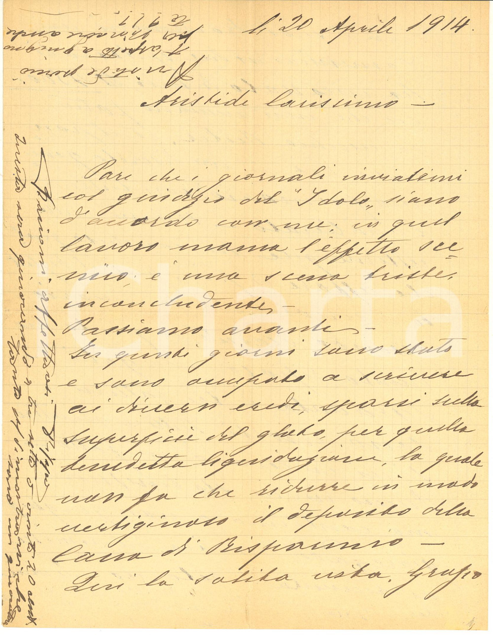 Autografo originale 1914 PALERMO Lettera Titta ARISTA al figlio Aristide attore e gerente teatrale 1