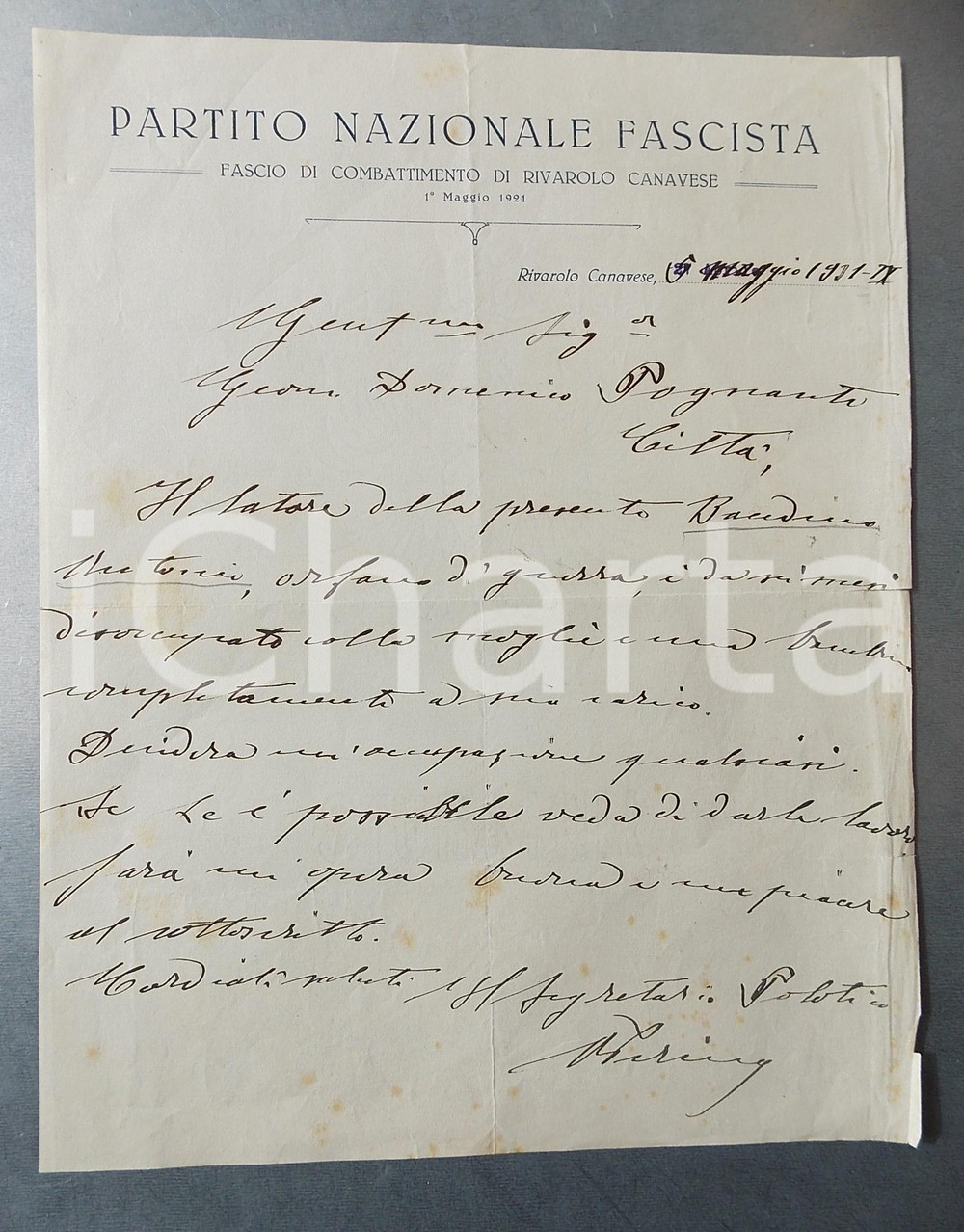 Documento originale, autentico 1931 PNF RIVAROLO CANAVESE Lettera per occupazione di un orfano di guerra 1