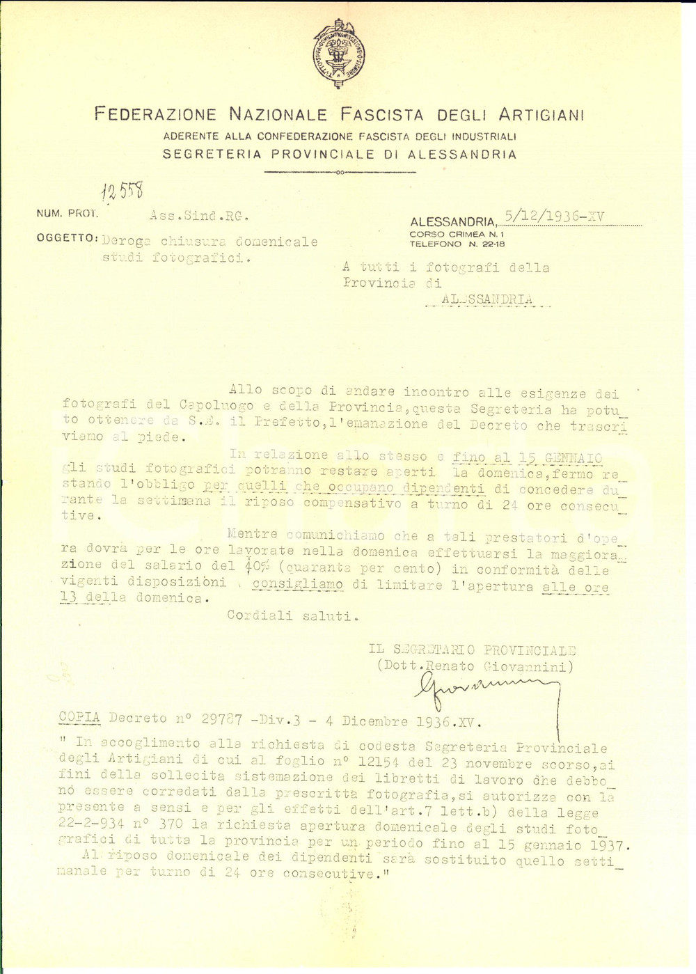 Documento originale, autentico 1936 ALESSANDRIA Federazione Artigiani  Lettera chiusura domenicale fotografi 1