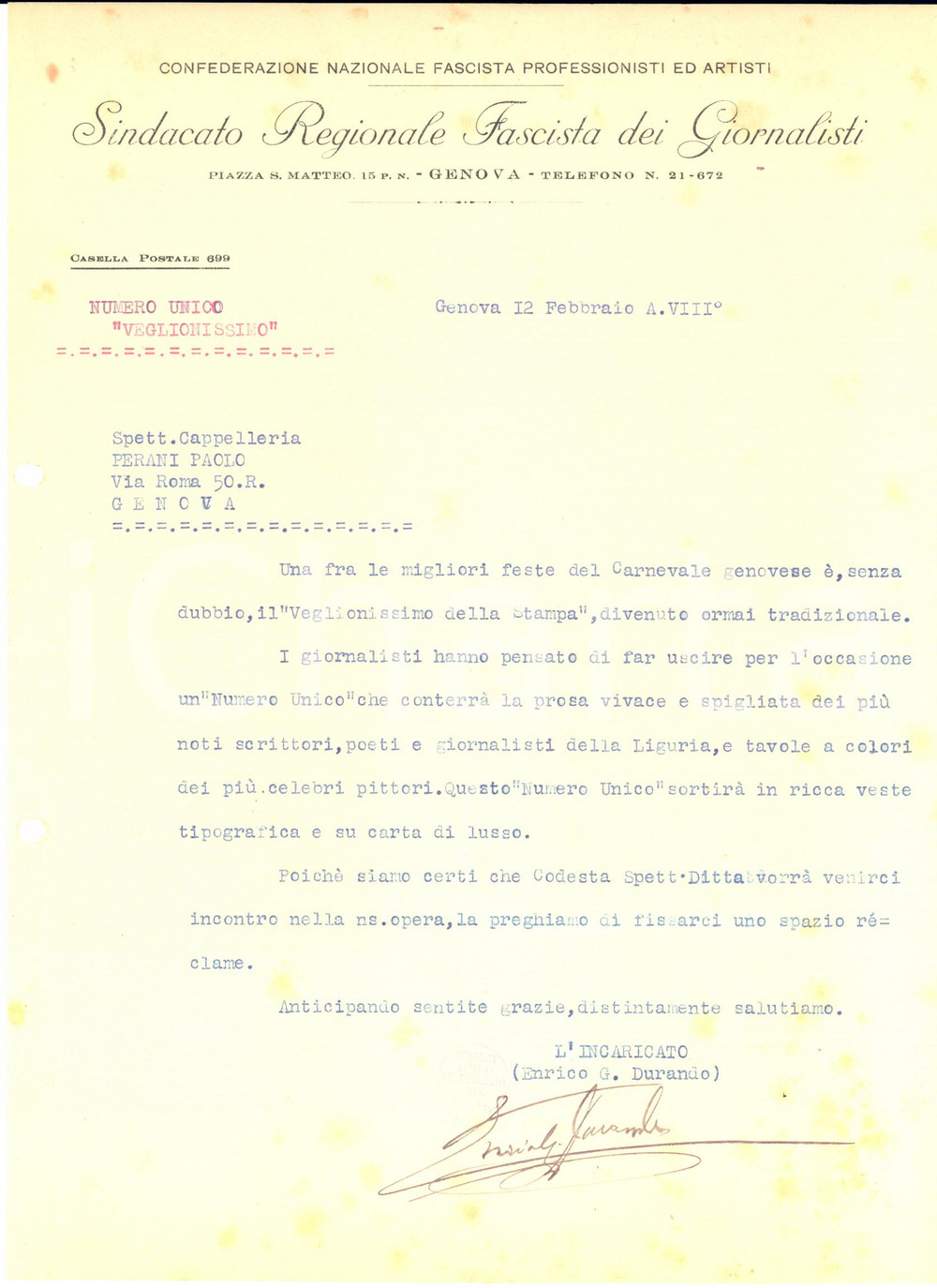 Documento originale, autentico 1930 GENOVA Sindacato Fascista Giornalisti  Lettera Enrico DURANDO per veglione 1