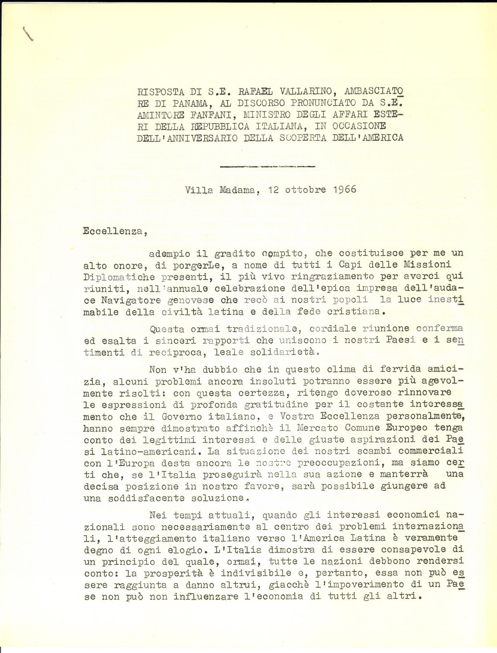 Manoscritto, lettera originale 1966 ROMA Lettera ambasciatore Rafael VALLARINO in risposta ad Amintore Fanfani 1