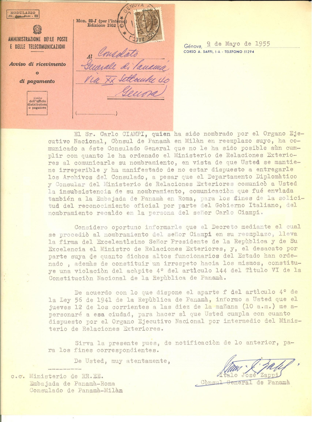 Manoscritto, lettera originale 1955 GENOVA Lettera Italo JosÃ© ZAPPI console generale di Panama  Autografo 1