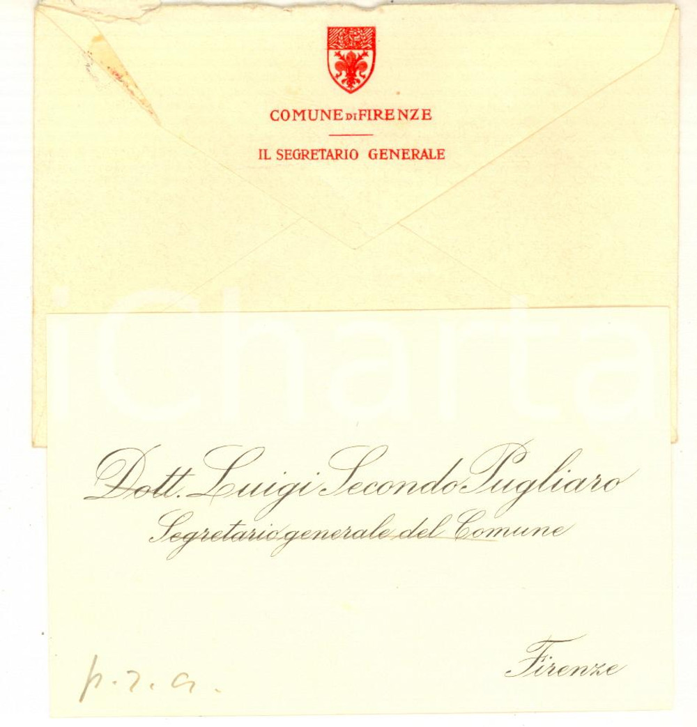 Autografo originale 1930 ca FIRENZE Luigi Secondo PUGLIARO  Biglietto da visita con sigla autografa 1