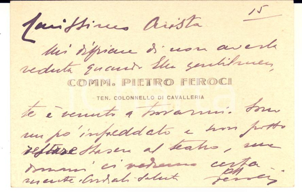 Autografo originale 1930 ca PISA Pietro FEROCI  ten. col. cavalleria  Biglietto da visita AUTOGRAFO 1