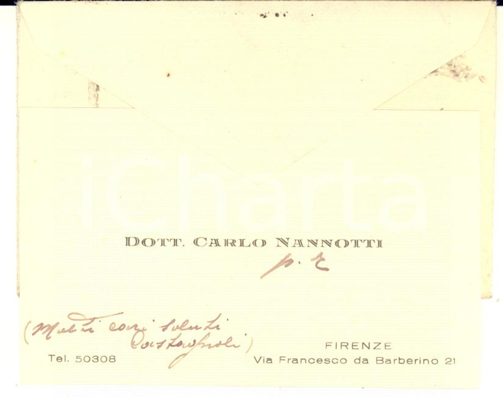 Autografo originale 1939 FIRENZE Dott. Carlo NANNOTTI  Biglietto da visita con sigla autografa 1