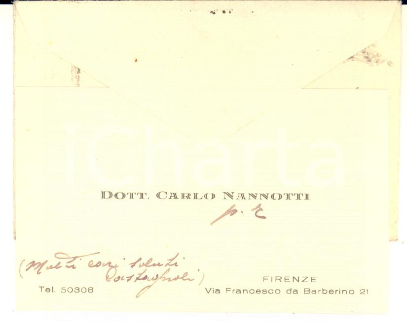 Autografo originale 1939 FIRENZE Dott. Carlo NANNOTTI  Biglietto da visita con sigla autografa 1