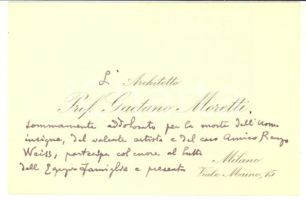Autografo originale 1931 MILANO Architetto Gaetano MORETTI  Biglietto condoglianze AUTOGRAFO 1