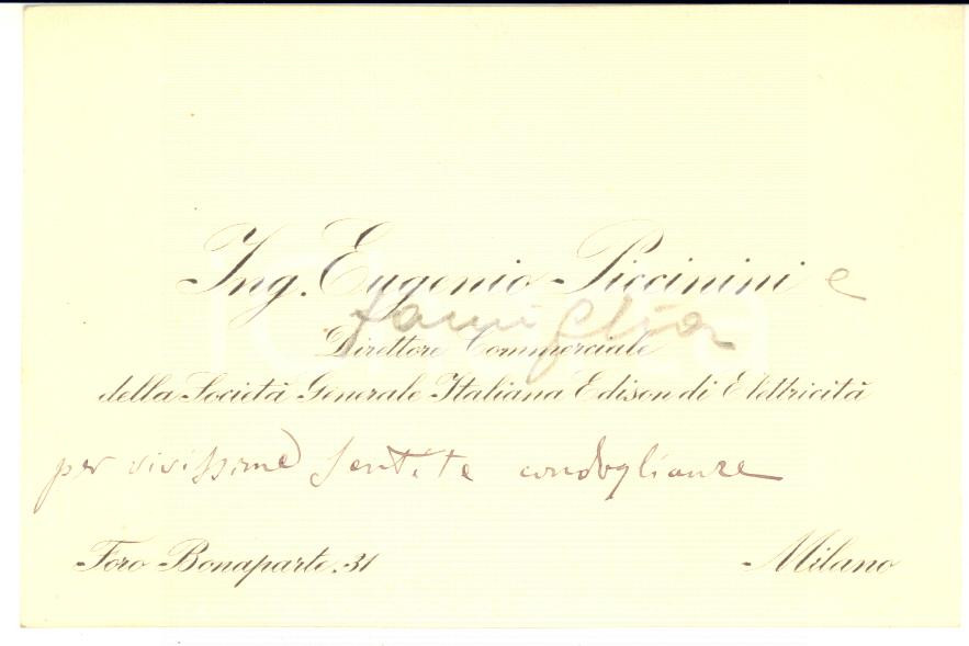 Autografo originale 1930 ca MILANO Ing. Eugenio PICCININI  Biglietto condoglianze AUTOGRAFO 1