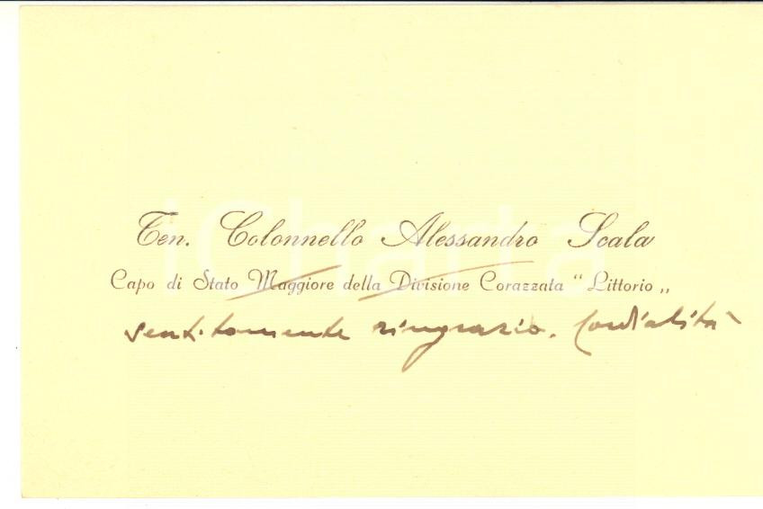 Autografo originale 1940 ca MILANO Ten. Col. Alessandro SCALA  Biglietto da visita AUTOGRAFO 1