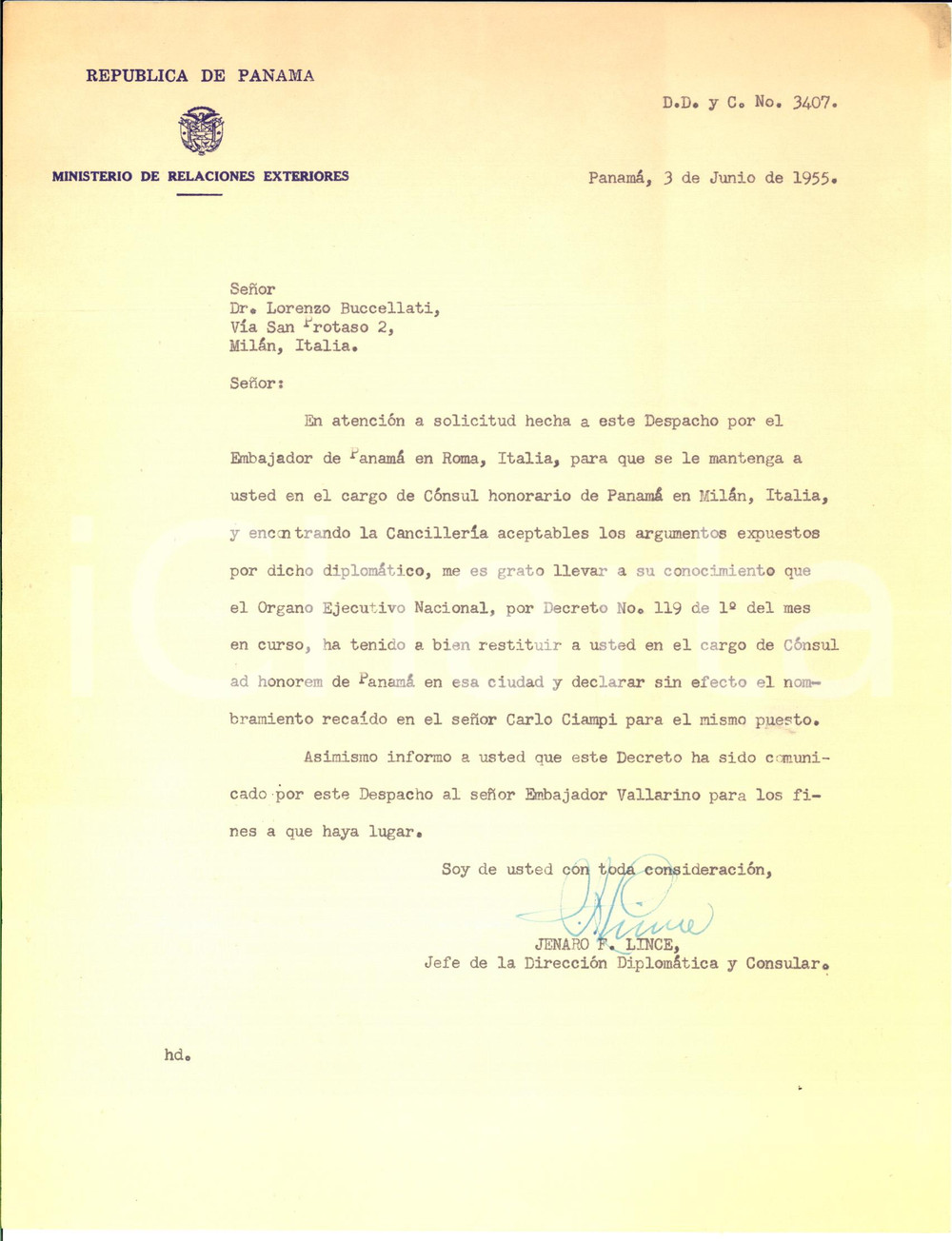 Autografo originale 1955 PANAMA Ministerio Relaciones Exteriores  Jenaro FACIO LINCE  Autografo 1