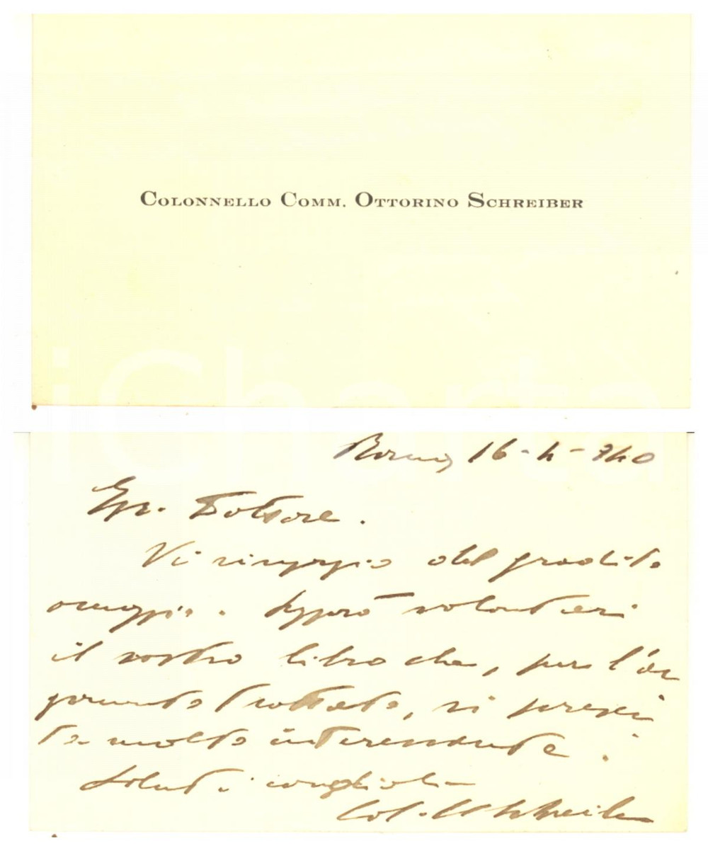 Autografo originale 1940 ROMA Col. Ottorino SCHREIBER  Biglietto da visita con messaggio AUTOGRAFO 1