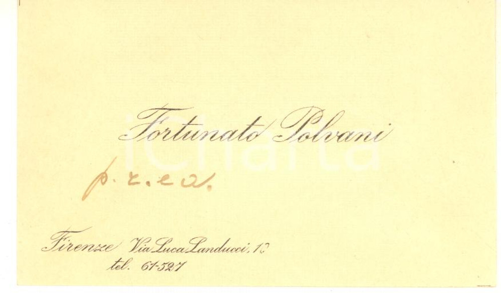 Autografo originale 1940 ca FIRENZE Fortunato POLVANI  Biglietto da visita con sigla autografa 1