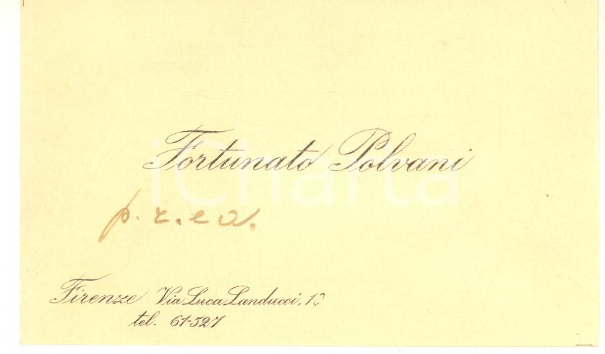 Autografo originale 1940 ca FIRENZE Fortunato POLVANI  Biglietto da visita con sigla autografa 1