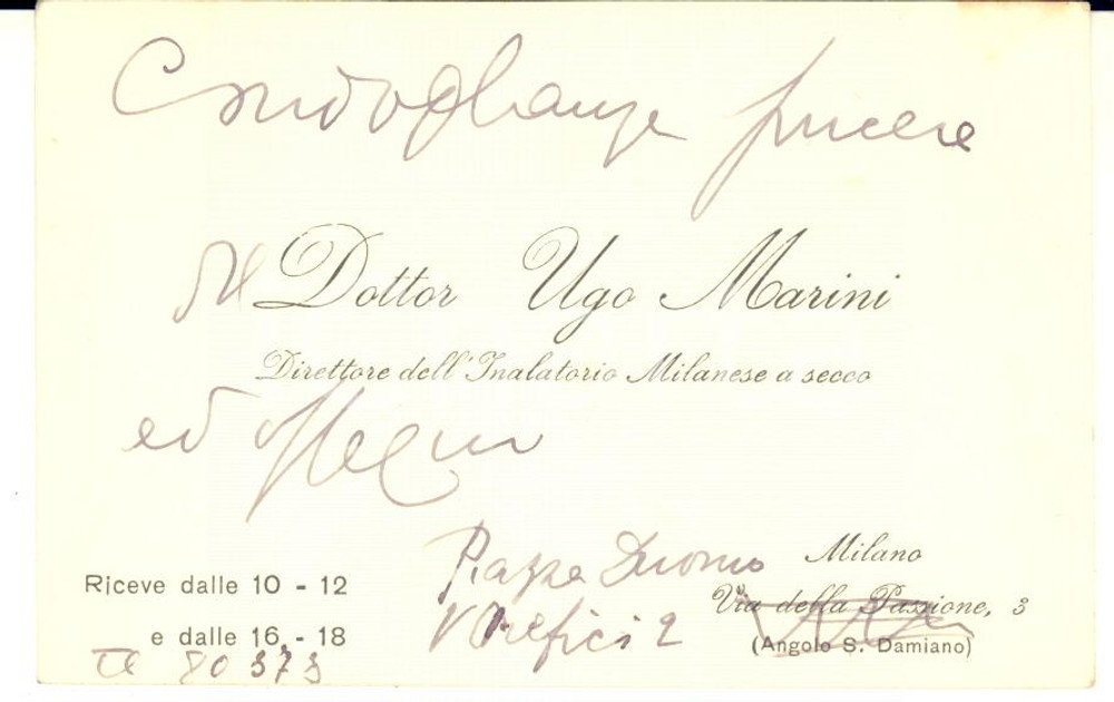 1940 ca MILANO Ugo MARINI direttore Inalatorio - Biglietto da visita AUTOGRAFO