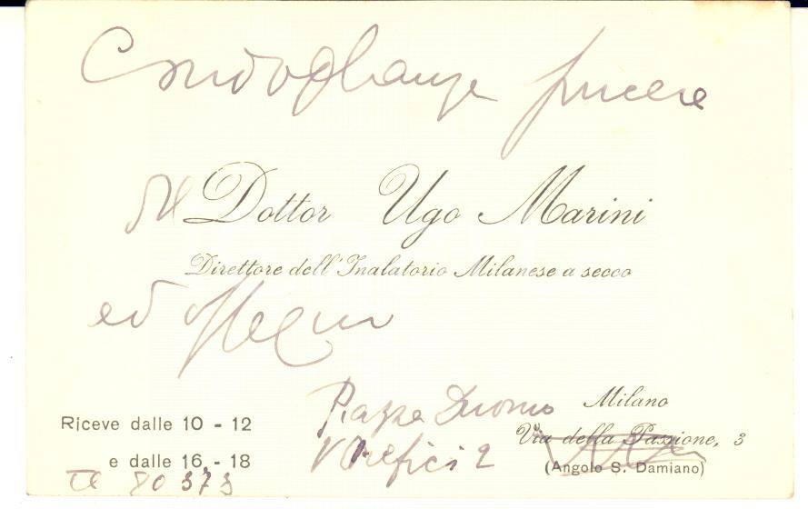 Autografo originale 1940 ca MILANO Ugo MARINI direttore Inalatorio  Biglietto da visita AUTOGRAFO 1
