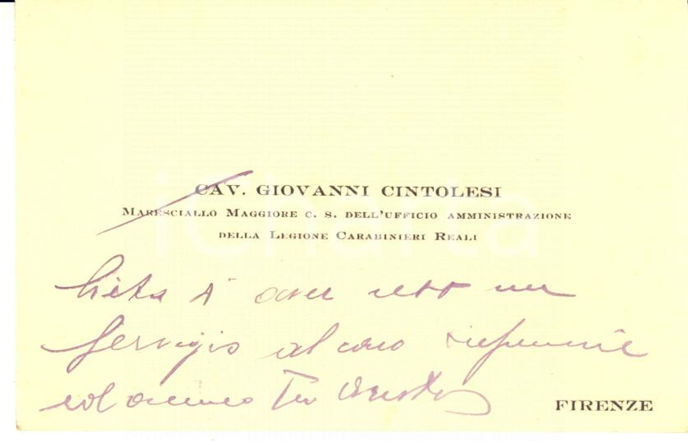 Autografo originale 1940 ca FIRENZE Giovanni CINTOLESI  Carabinieri Reali  Biglietto AUTOGRAFO 1